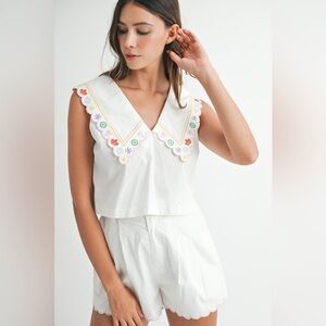 NWOT- White Sleeveless Top and Shorts Set with Embroidered Collar